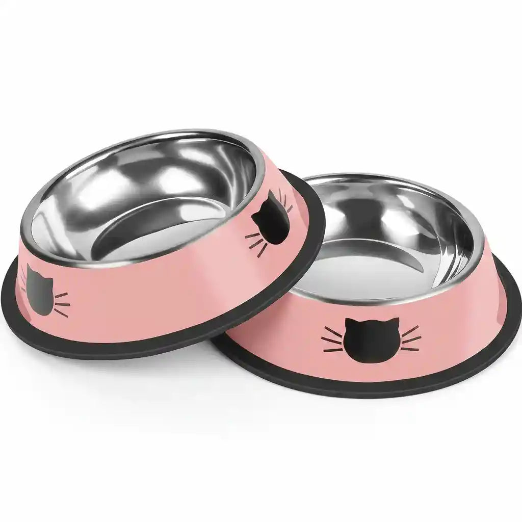 pink-cat-food-bowls-with-black-cat-face-design-stainless-steel-interior-non-slip-base-for-pets
