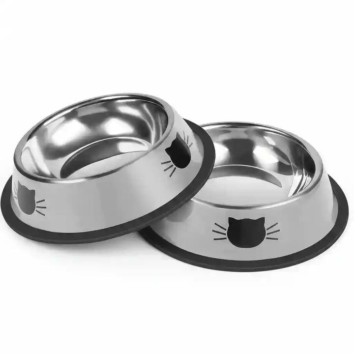 Stainless steel cat bowls with non-slip base and cute cat face design for pet food and water