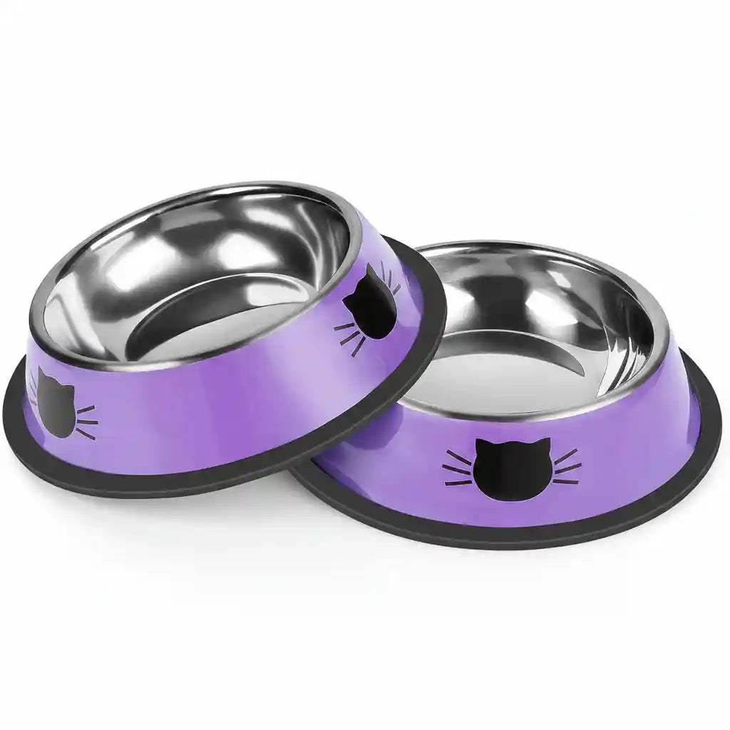 purple-cat-food-bowls-with-black-cat-face-design-stainless-steel-interior-non-slip-base-for-pets