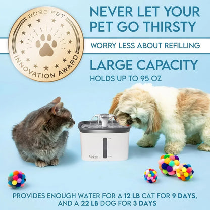 Cat and dog drinking from Veken pet water fountain, 95 oz capacity, 2023 Pet Innovation Award winner3
