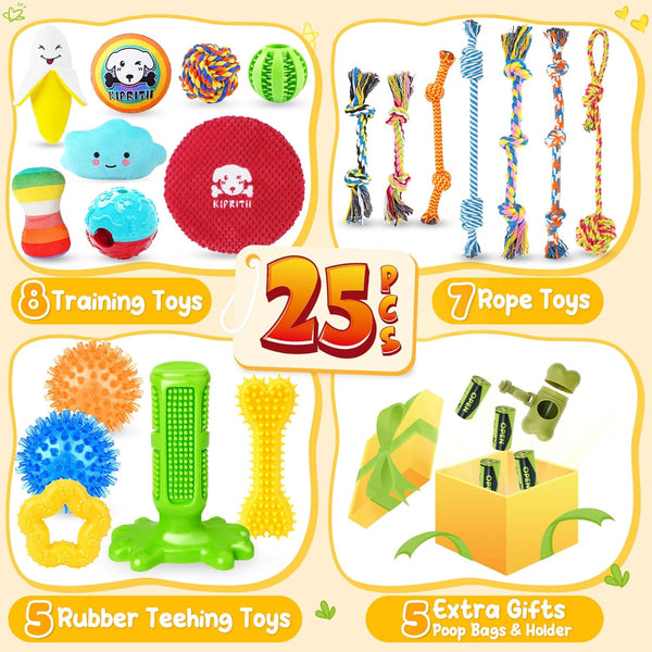 KIPRITII 25 Pack Various Dog Toys Set – Ideal for Teething, Entertainment & Interactive Play, Includes Puppy Toys, Rope Toys, Treat Balls and Squeaky Dog Toys2