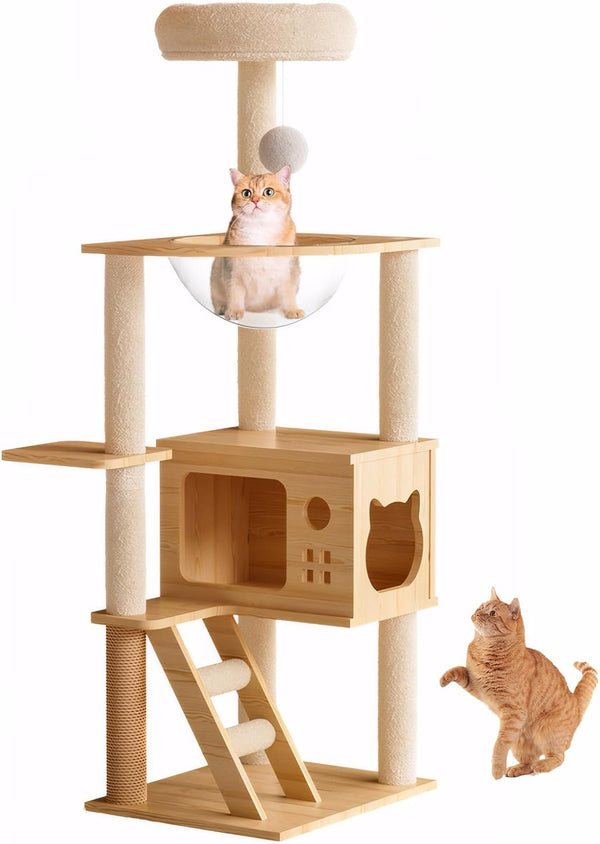 Cat Tree & Litter Box Enclosure,Modern All-In-One Indoor Cats Tower with Large Platform, Cat Condo with Wood House, Food Station, Hammocks (23.6”)10