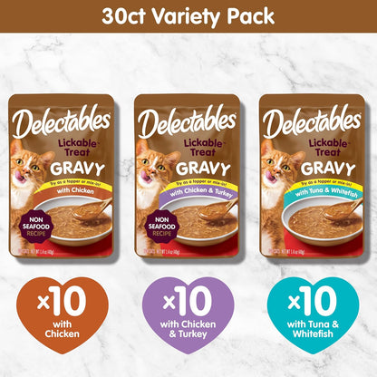 Delectables Lickable Treat Gravy Variety Wet Cat Treat & Food Topper, Food Topper, Hydrating, Grain-Free, No Fillers, No By-Products, No Added Preservatives, 1.4Oz Pouch, 30 Pack6