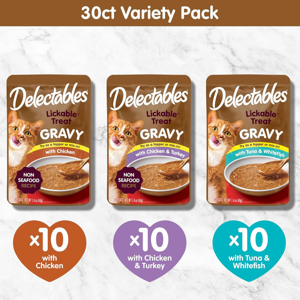 Delectables Lickable Treat Gravy Variety Wet Cat Treat & Food Topper, Food Topper, Hydrating, Grain-Free, No Fillers, No By-Products, No Added Preservatives, 1.4Oz Pouch, 30 Pack6