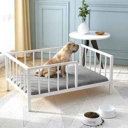 OSCHF Dog Bed with Rails - Elevated Pet Metal Bed Frame with Solid Wood Board and Washable Soft Mat for Medium Dog Indoor or Outdoor Use, 25.2" X 37.8", White1