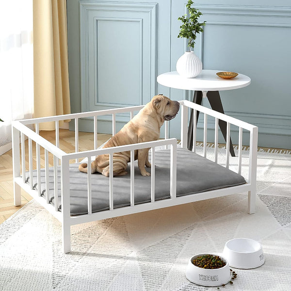 OSCHF Dog Bed with Rails - Elevated Pet Metal Bed Frame with Solid Wood Board and Washable Soft Mat for Medium Dog Indoor or Outdoor Use, 25.2" X 37.8", White1