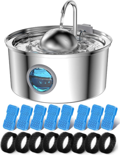 AONBOY Cat Water Fountain Stainless Steel, 108Oz/3.2L Cat Fountain, Pet Water Fountain with Water Level Window, Hemispherical Shape, Multi-Filter, Silent Pump, Water Tap, Provides Flowing Water11