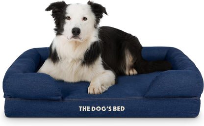 The Dog’S Bed Orthopedic Memory Foam Dog Bed with Bolsters for Large Dogs, High Density Support Mattress, Low Front Entry, Removable Washable Cover, Oxford Fabric, Blue with Dark Red Trim, Large20