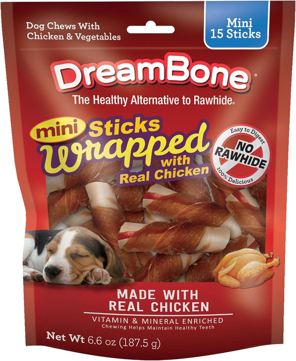 Dreambone Chicken Wrapped Mini Stick Dog Treats, Daily Rawhide-Free Chew, Digests Safely and Completely, with Real Protein, Chicken and Veggies, 15 Count1