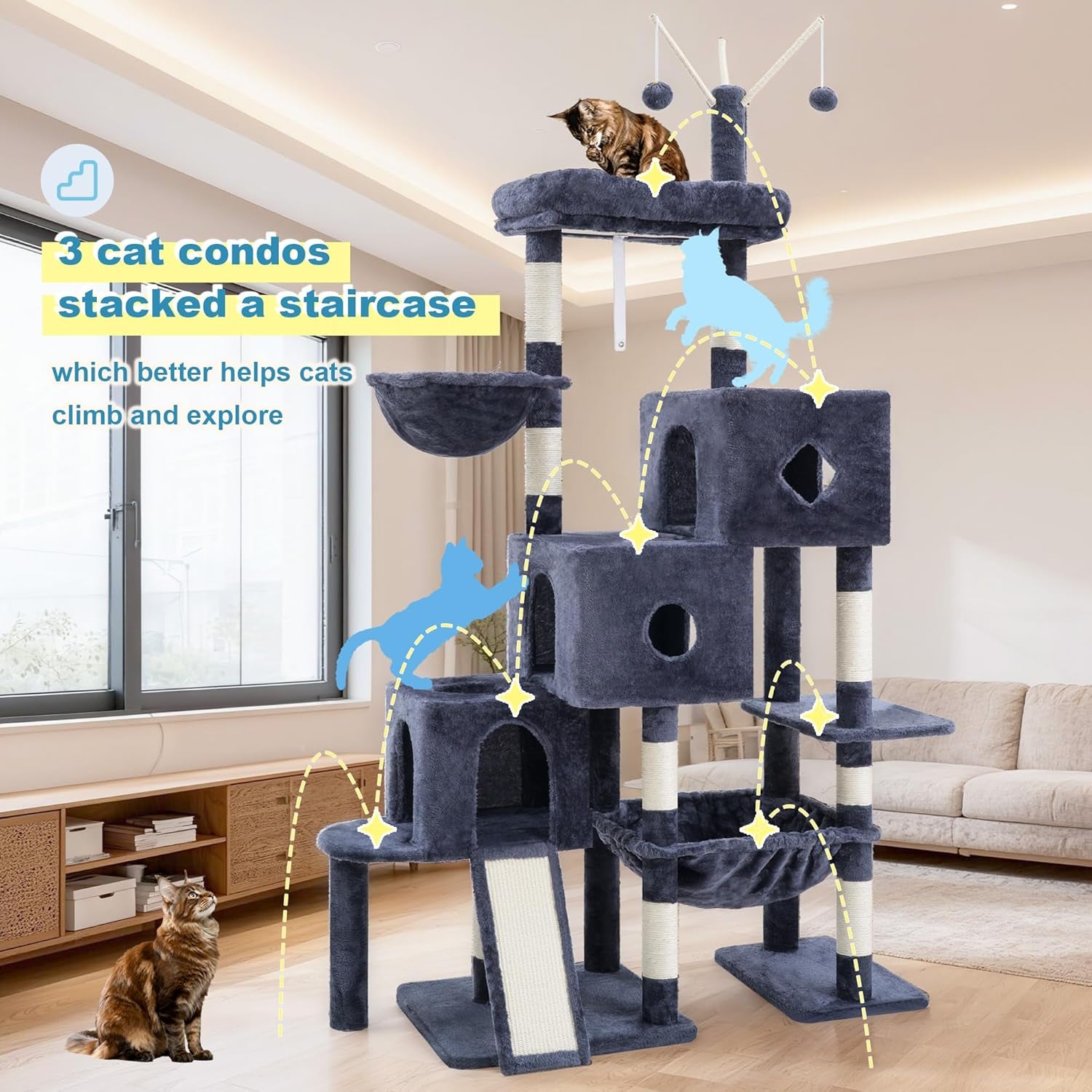 hey-brother-cat-tree-tower-with-3-condos-step-climbing-pathway-mpj081g-74-8-inches-scratching-post-with-3-house-hammock-large-basket-cozy-bed-sisal-board-toys-for-big-indoor-cats-smoky-gray