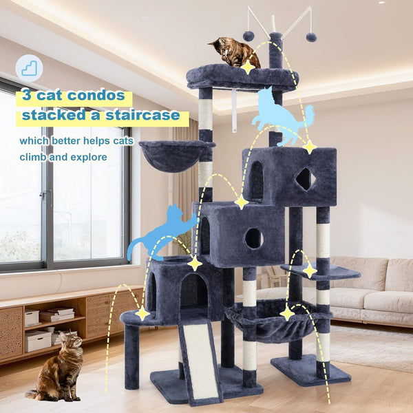 Hey-Brother Cat Tree Tower with 3 Condos, Step Climbing Pathway MPJ081G | 74.8 Inches Scratching Post with 3 House, Hammock, Large Basket, Cozy Bed, Sisal Board, Toys for Big Indoor Cats, Smoky Gray3