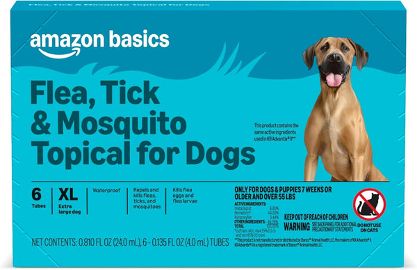 Amazon Basics Preventative Flea, Tick & Mosquito Topical Treatment for X-Large Dogs (Over 55 Pounds), Kills Fleas, Long-Lasting, 6 Count, Packaging May Vary1