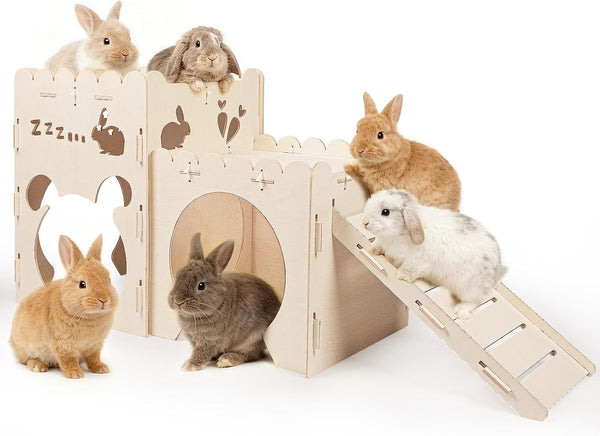 Extra Large Rabbit Castle, Wooden Bunny House &,Detachable Rabbit Hideaway, Indoor Hamster Castle with Ramp, Small Animal Houses & Habitats for Guinea Pig Chinchilla Ferret(3 House)8