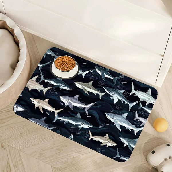Cute Shark Dog Cat Food Mat,Absorbent Pet Feeding Mat with Rubber Backing,Non-Slip Water Bowl Placemat,Indoor Pet Accessories Supplies 12"X20"1