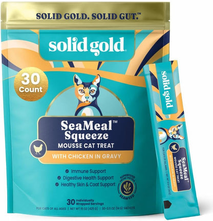Solid Gold Lickable Cat Treats - Limited Ingredient Chicken Seameal™ Squeezable Healthy Cat Treats for Indoor Cats - Snack & Topper Squeeze Ups for Cats W/Seaweed for Gut & Immune Support - 3Oz/30Ct1