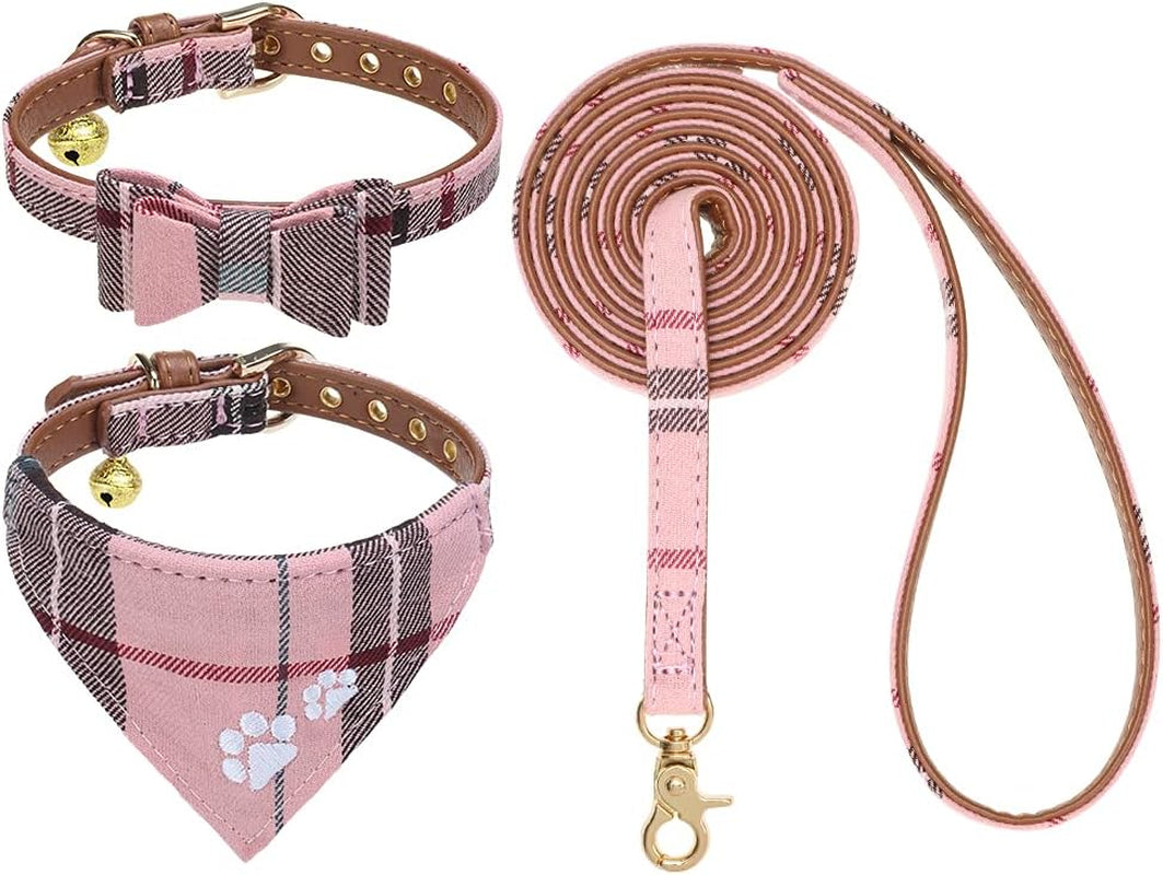 expawlorer-puppy-collar-and-leash-set-embroidery-pawprints-plaid-dog-collar-and-dog-leash-set-bow-tie-and-bandana-dog-collar-with-bell-cute-collar-and-leash-for-dogs-cats-outdoor-walking-blue-s
