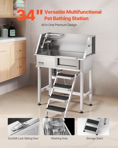 VEVOR Dog Washing Station, 34" Professional Stainless Steel Pet Grooming Tub Bathtub with Shower Faucet Soap Holder Non-Slip Stairs Right Door Easy Clean Pet Wash Sink for Small Dogs Cats2