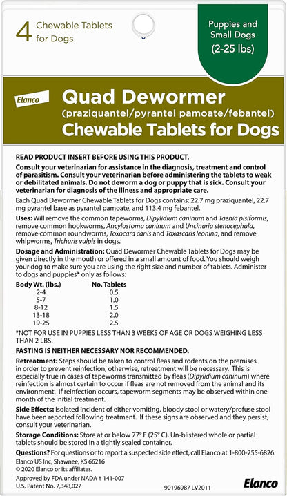 Elanco Chewable Quad Dewormer for Small Dogs, 2-25 Lbs, 4 Chewable Tablets, White2