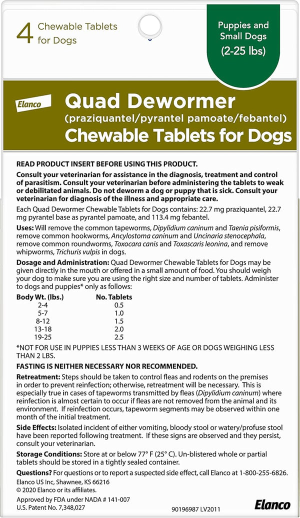 Elanco Chewable Quad Dewormer for Small Dogs, 2-25 Lbs, 4 Chewable Tablets, White2