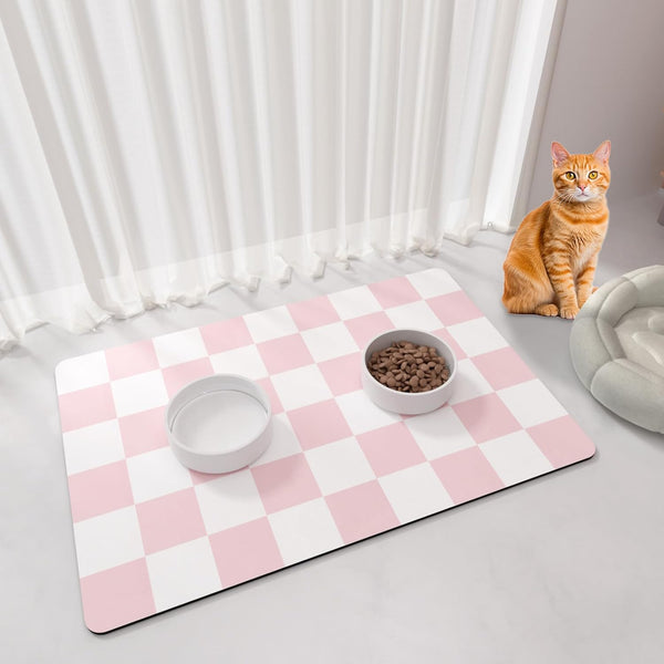 Cat Food Mat - 12"X 20" Cat Dog Mats for Food and Water Bowl, Checkered Pet Placemat Feeding Mat, Non-Slip under Pet Bowls Mats for Messy Drinkers, Pink & White1