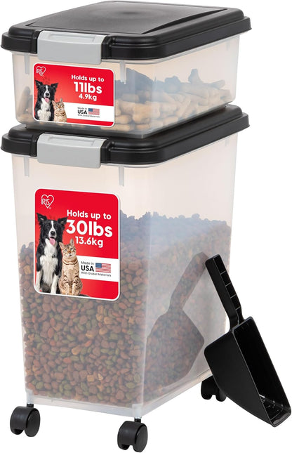 IRIS USA Dog Food Storage Container 30 Lb + 11Lb Airtight Combo, Stackable Pet Food Storage Bin with Wheels for Cat Dog Food, BPA Free, Made in USA, Black | Stackable Pet Food Plastic Storage Bins with Wheels for Cat and Dog Food, Made in USA1