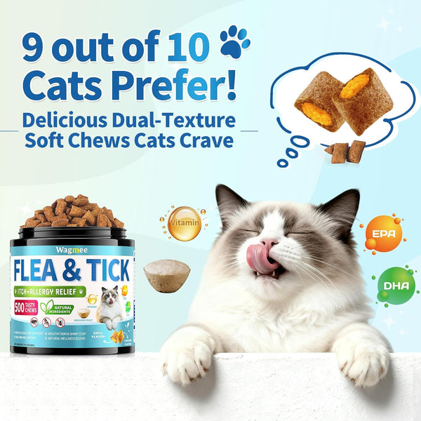 Natural Cat Flea Treatment Chewables, 500 Crunchy & Creamy Tasty Chews | Flea and Tick Prevention for Cats with Skin & Coat Support, Oral Flea & Tick Supplement & Allergy Relief for Cats, Chicken2