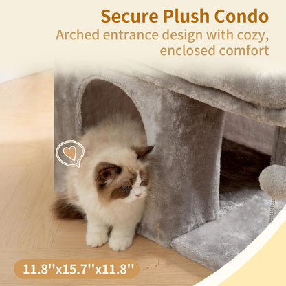Heybly Cat Tree, 14" Cat Tower with Large Cat Bed & Condo HCT203SW | Cat Furniture for Indoor Cats Large Adult, Cat House with Scratching Posts and Spring Balls for Kittens, Light Gray4