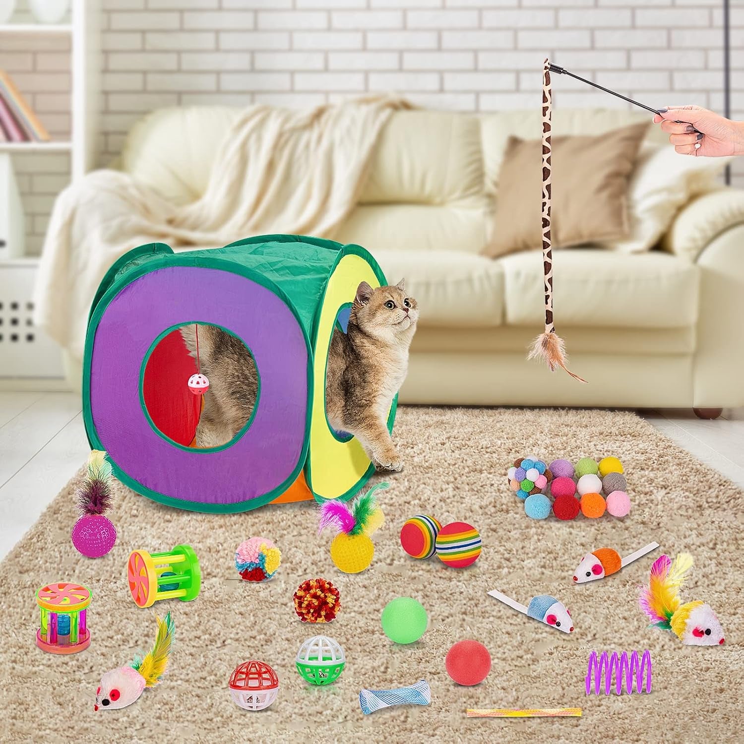 retro-shaw-33-pack-cat-toys-for-indoor-cats-collapsible-kitty-tunnel-tent-with-feather-teaser-wand-springs-balls-bell-mouse-interactive-kitten-hideaway-playhouse-15-7-inches