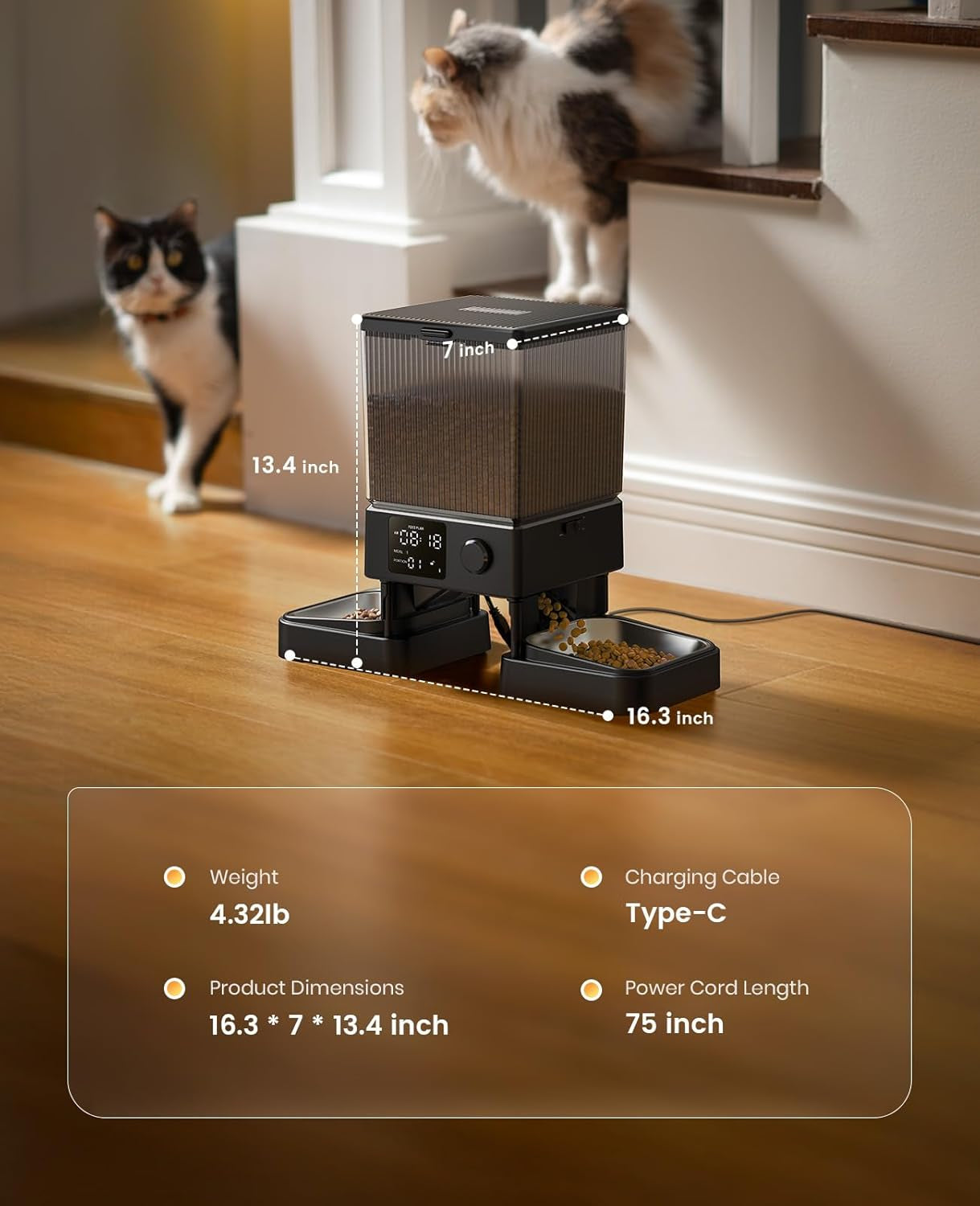oneisall-automatic-cat-feeder-for-2-cats-pets-timed-cat-food-dispenser-20-cups-5l-prevent-fighting-precise-portion-balanced-dispense-non-slip-stable-voice-recorder-stainless-steel-bowls