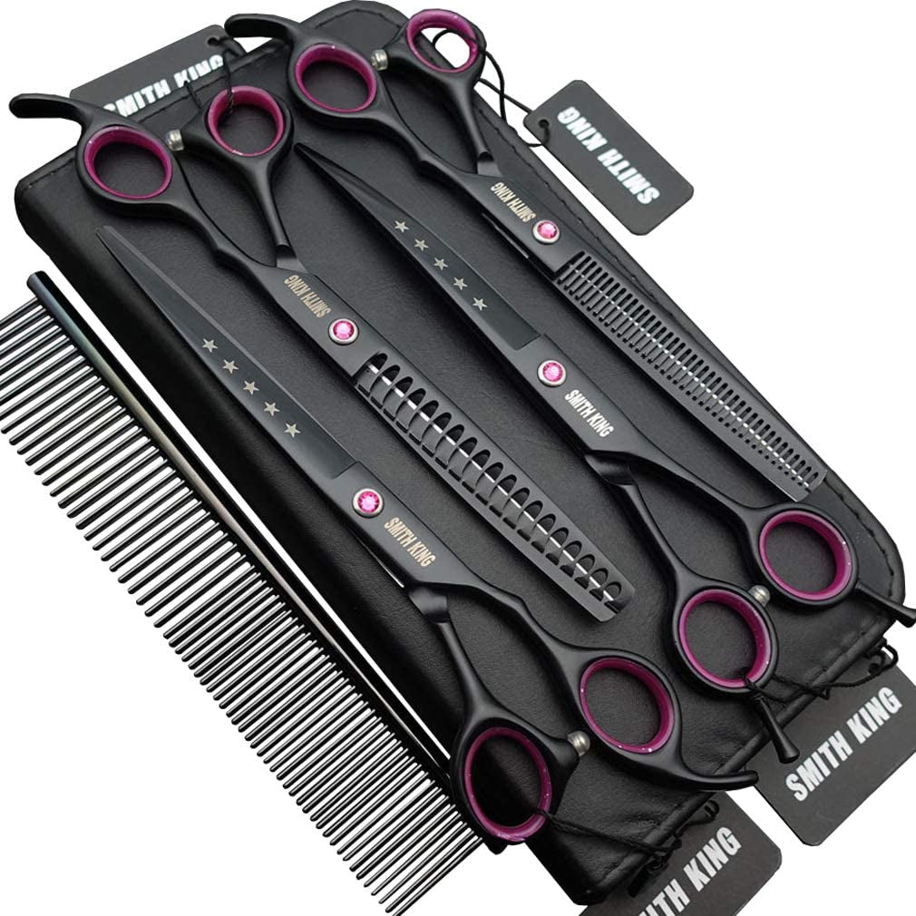 7-0-inches-professional-dog-grooming-scissors-set-straight-thinning-curved-chunkers-4pcs-in-1-set-with-comb