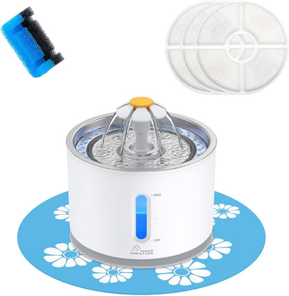 Wonder Creature Cat Water Fountain Stainless Steel Lid 81Oz/2.4L-3 Filters | Pet Fountain with 3 Carbon Filters, 1 Mat, Quiet Pump, LED Water Level Window, Bpa-Free Stainless Steel Lid1