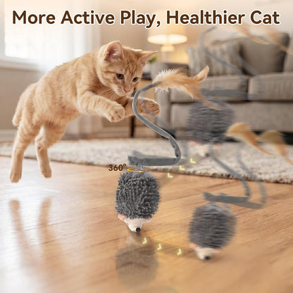 Migipaws Interactive Hedgehog Cat Toy 360° Rolling & Spin with Soft Plush Tail for Indoor Cats Smart Motion Sensor, Realistic Squeak, Rechargeable Plush Kitten Toy (Grey)2