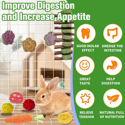 WDEFUN 21PCS Rabbit Chew Toys for Teeth Grinding, Natural Timothy Hay Cakes Treats for Bunny, Organic Apple Wood Sticks Toy Set for Guinea Pigs, Hamsters, Chinchillas,Dental Health & Boredom Relief5