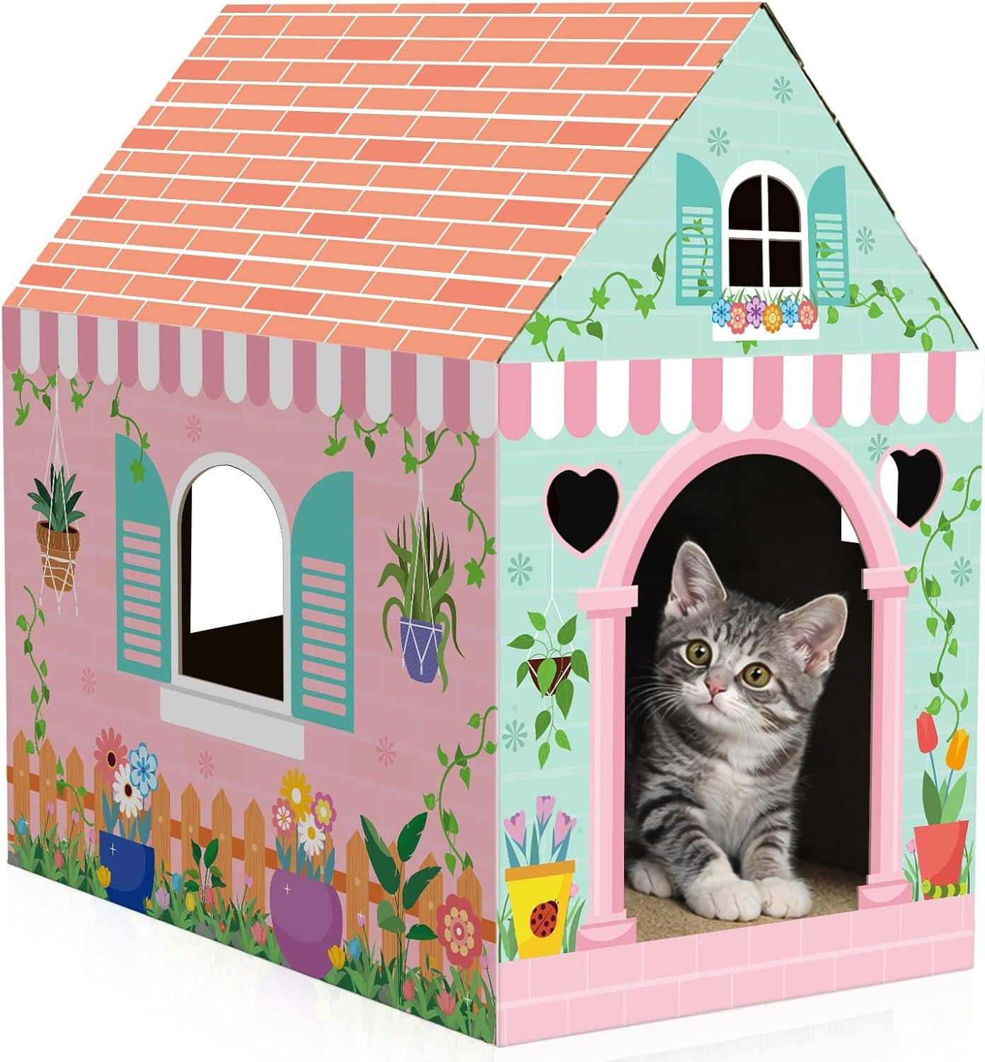 cinrobiye-cardboard-cat-house-with-scratcher-indoor-cat-condo-cat-cave-hideout-with-scratch-pad-cardboard-cat-playhouse-bed-for-cats-kittens-rabbits-small-pets-mushroom