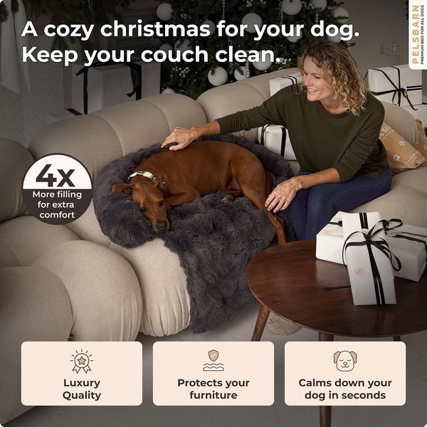 Pelsbarn Dog Bed for Couch, Luxurious Sofa Bed for Dogs with Non-Slip Oxford Bottom - Faux Rabbit Fur with Removable Cover, Large, Gray - 33X33 In3