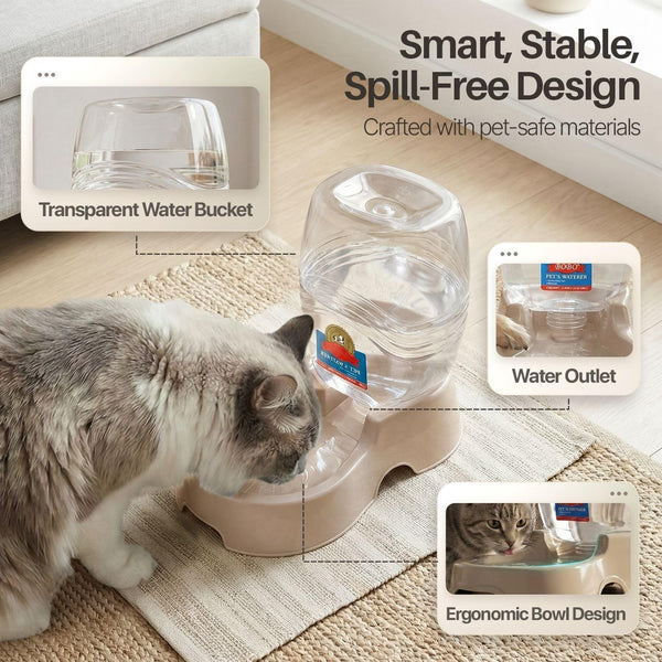 Flexzion Gravity Pet Water Dispenser for Cats & Small Dogs, 1/4 Gal Beige | Automatic Cat and Dog Waterer with 900 Ml Reservoir, Non-Skid Feet, Recessed Carry Handle, and Easy-Clean PP Bowl6