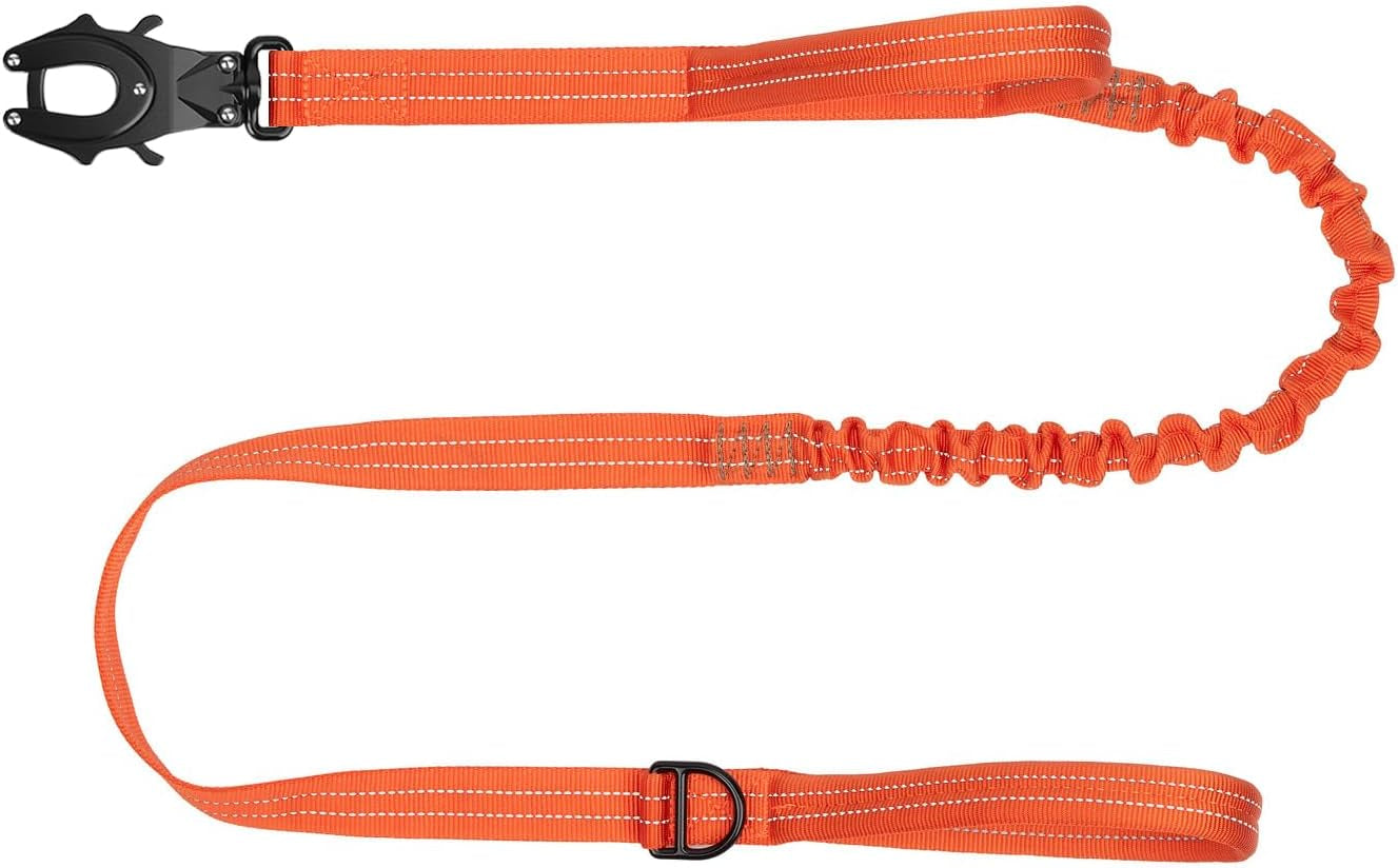 icefang-tactical-dog-leash-with-quick-release-metal-clasp-bungee-dog-lead-with-2-control-handles-hands-free-d-ring-reflective-4ft-length-for-medium-large-dogs-brown