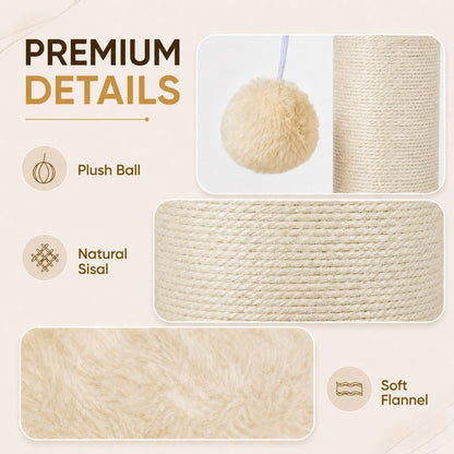 PAWSCRAT 32-Inch Tall Cat Scratching Post, 5.5-Inch Diameter, Sisal, Beige | Natural Sisal Scratching Surface with a Dangling Ball for Indoor Cats, Scratch-Resistant Durable and Protect Your Furniture5