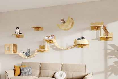9-In-1 Cat Wall Shelves, Cat Wall Furniture Set with Bridge, Beige | Wall Mounted Cats Shelf for Space-Saving, Multi-Level Cat Climbing Systems for 16 Inch Drywall, with Scratching Posts, Condos10
