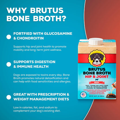 Brutus Beef Bone Broth for Dogs - All Natural Dog Bone Broth with Liquidchondroitin Glucosamine & Turmeric - Human Grade Dog Food Toppers for Picky Eaters - Tasty & Nutritious 16.9Oz (Pack of 6)6