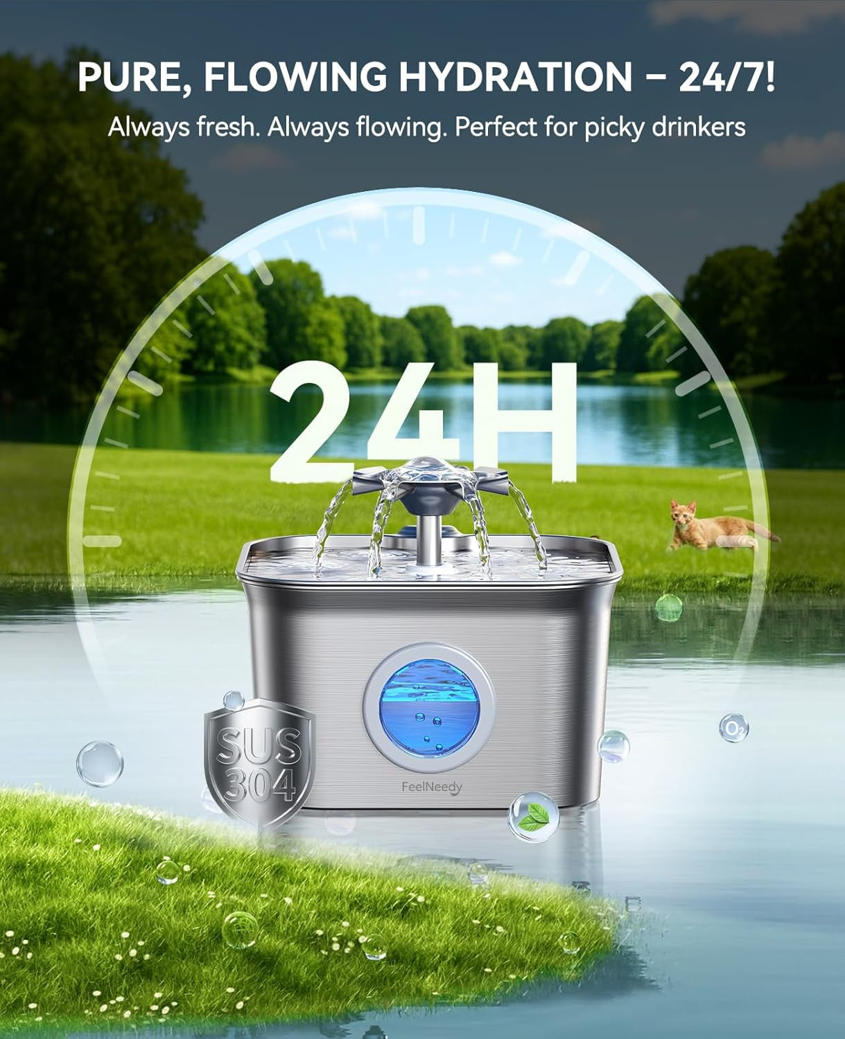 stainless-steel-cat-water-fountain-2-8l-with-20db-ultra-quiet-pump-ideal-for-timid-pets-led-water-level-window-dishwasher-safe-24-7-circulation-includes-3-replacement-filters