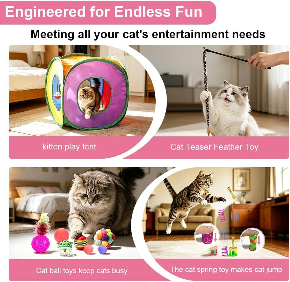 retro-shaw-33-pack-cat-toys-for-indoor-cats-collapsible-kitty-tunnel-tent-with-feather-teaser-wand-springs-balls-bell-mouse-interactive-kitten-hideaway-playhouse-15-7-inches