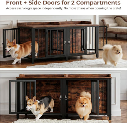 BOINN 63" Heavy Duty Dog Crate Furniture with 4 Doors, Removable Divider & Openable Top, Indoor Dog Kennel with Raised Edge Tabletop, Double Dog Cage for Medium Large Dogs, Decorative Pet Crate3