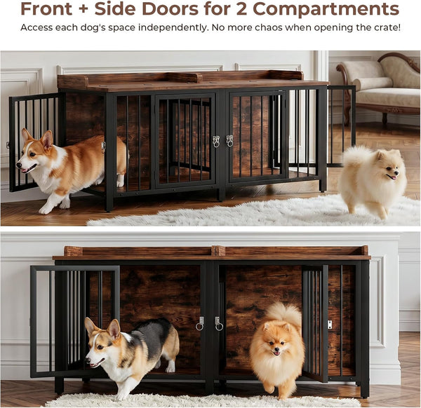 BOINN 63" Heavy Duty Dog Crate Furniture with 4 Doors, Removable Divider & Openable Top, Indoor Dog Kennel with Raised Edge Tabletop, Double Dog Cage for Medium Large Dogs, Decorative Pet Crate3