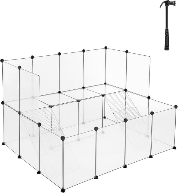 SONGMICS 20 Panels Pet Playpen with Floor, Small Animal Playpen, Pet Fence Indoor, DIY Plastic Enclosure for Guinea Pigs, Bunny, Hamsters, Hedgehogs, 49.2 X 24.8 X 16.5 Inches, White ULPC001W019
