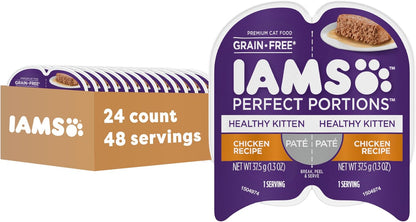 IAMS Perfect Portions Healthy Kitten Pate Wet Cat Food, Chicken, 24 Count | Grain-Free, Vitamin E Immune Support, No Fillers, Made in USA, Snap-Peel-Serve 2.6 Oz. Twin-Pack Trays, No Artificial Flavors1