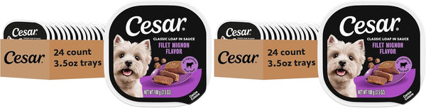 Cesar Classic Loaf in Sauce Wet Dog Food, Filet Mignon, 3.5 Oz, 24 Count | Made in USA, Real Beef #1 Ingredient, No Fillers/Added Sugar/Artificial Flavors, Use as Meal or Topper, Easy Peel Trays25