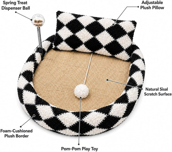 Furso Cat Bed Scratcher Lounge for Indoor Cats – Sisal Scratch Pad with Spring Treat Ball, Plush Pillow & Play Toy | Diamond Design | Protects Furniture3
