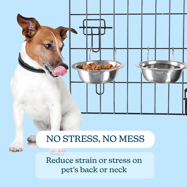 Set of 2 Stainless-Steel Dog Bowls - Cage, Kennel, and Crate Hanging Pet Bowls for Food and Water - 20Oz Each and Dishwasher Safe by Petmaker,Silver5