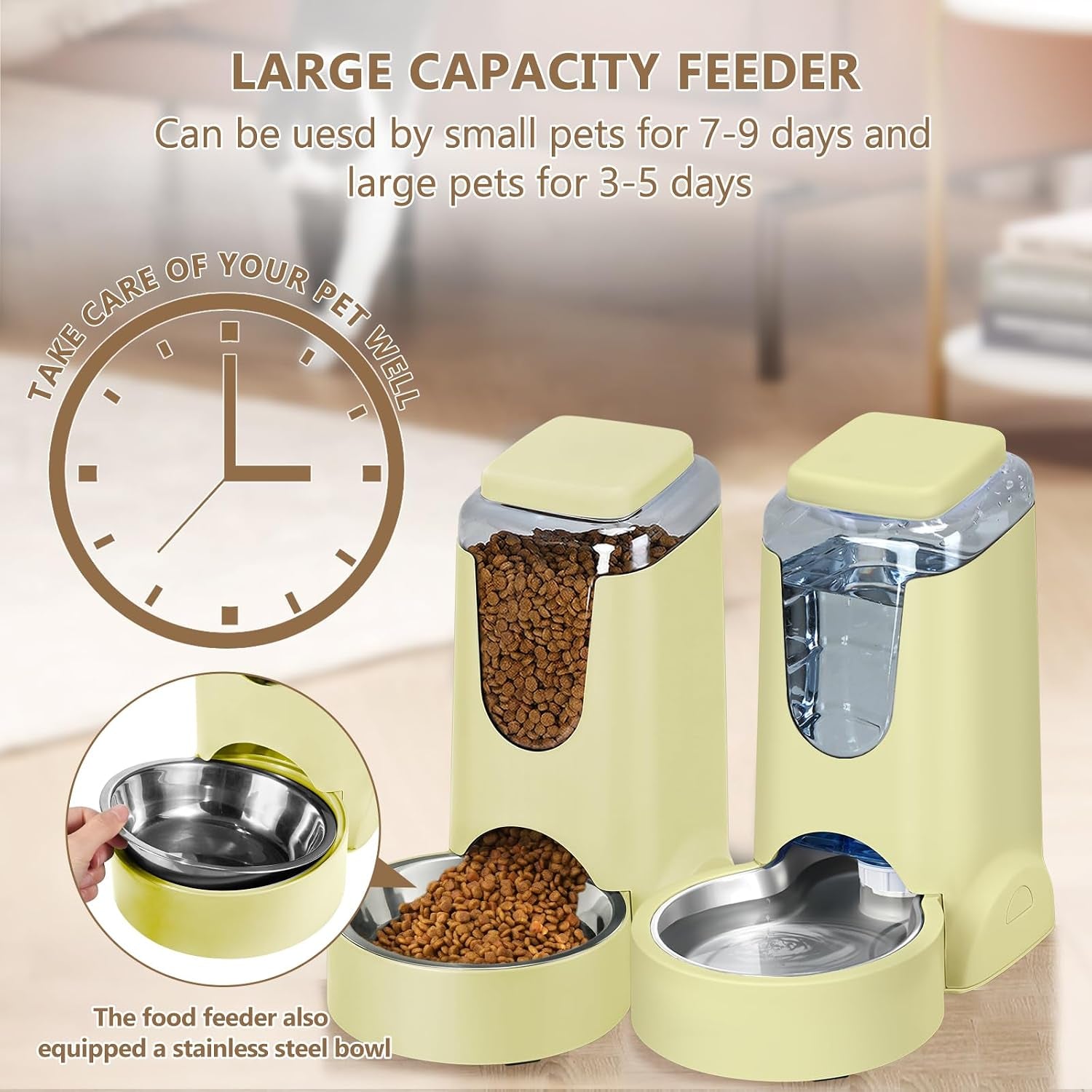 hwonmte-portable-automatic-cat-feeder-and-water-dispenser-with-stainless-steel-bowl-dog-gravity-food-feeder-and-waterer-for-small-medium-pets-puppy-kitten-1-gallon-x-2-cream-yellow